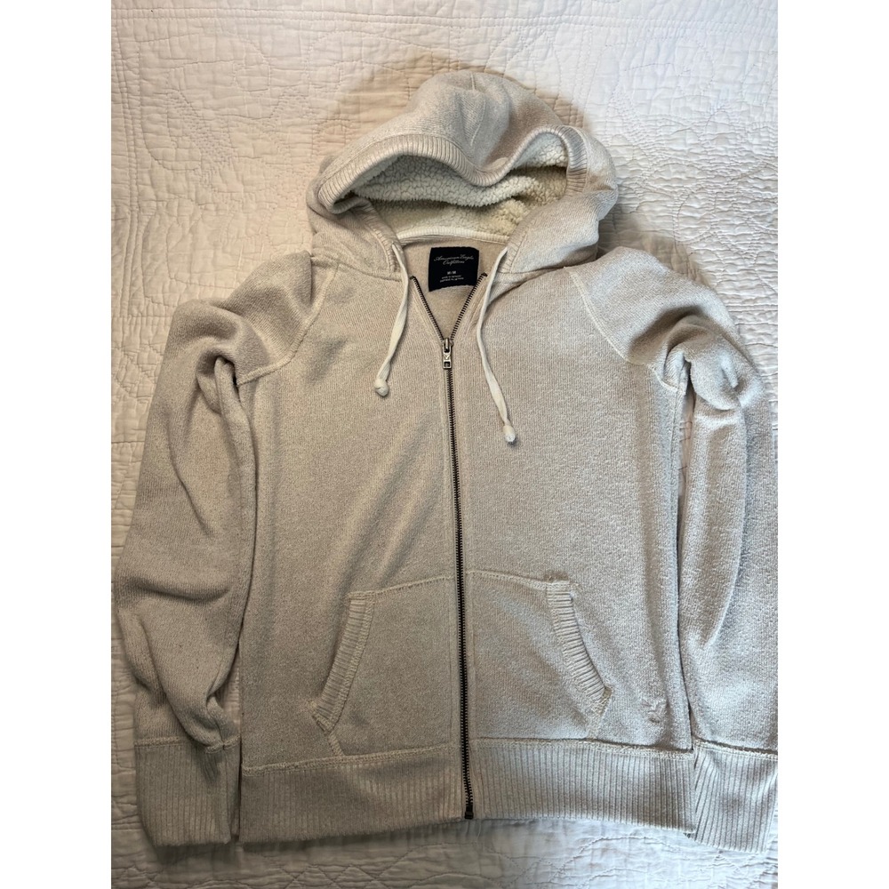 American Eagle Sherpa Lined Hooded Sweater Full Zip Oatmeal Beige Medium